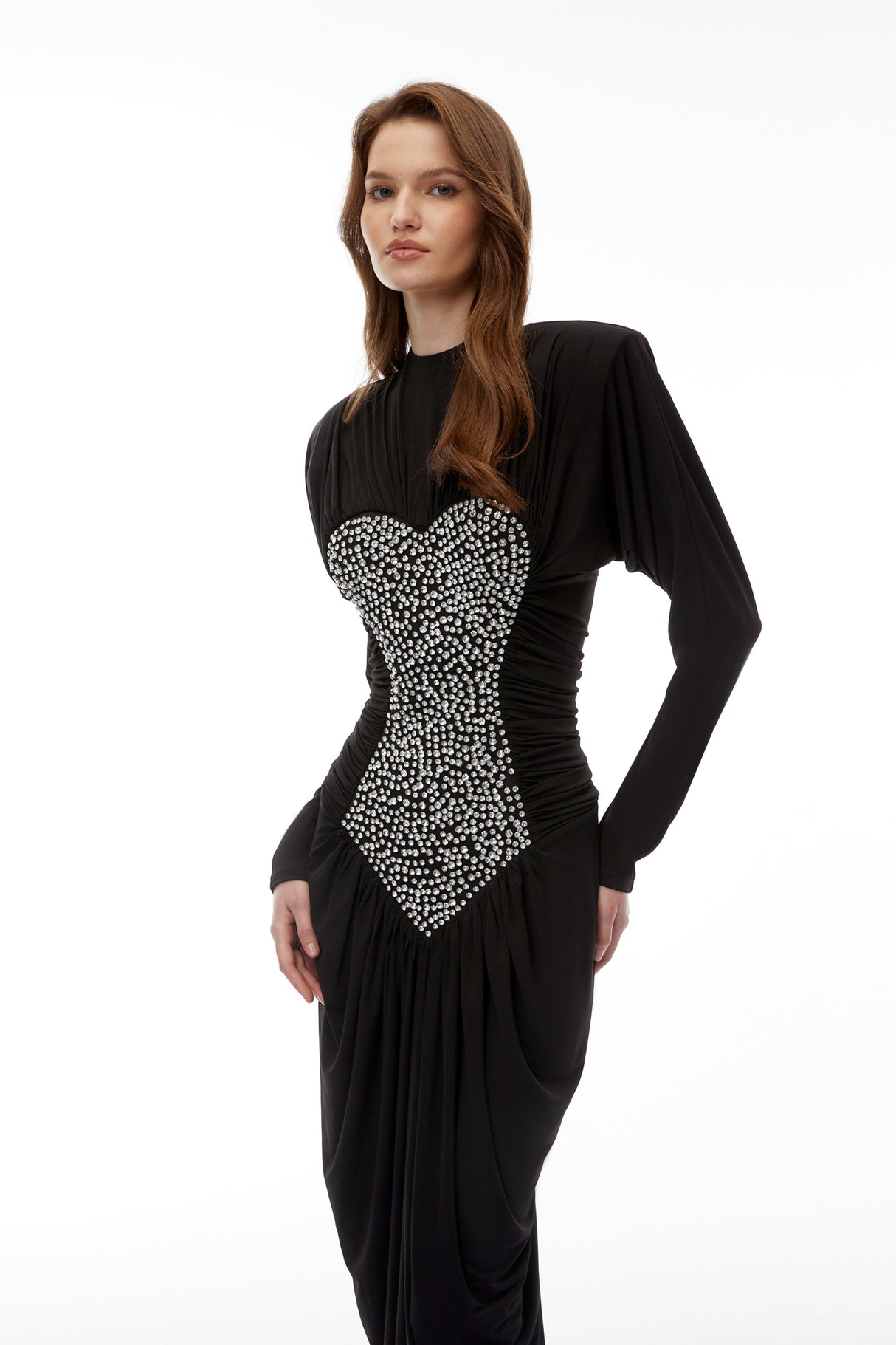 Aurohaya Genevra Black Embellished Ruched Maxi Dress