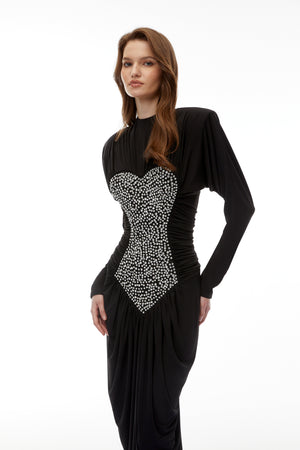 Aurohaya Genevra Black Embellished Ruched Maxi Dress