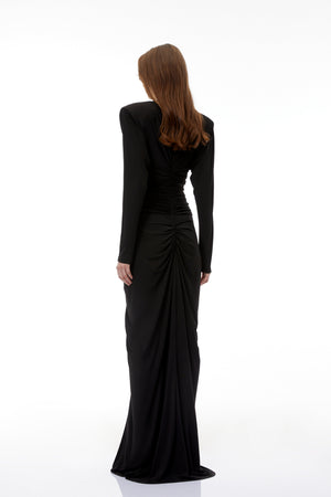 Aurohaya Genevra Black Embellished Ruched Maxi Dress