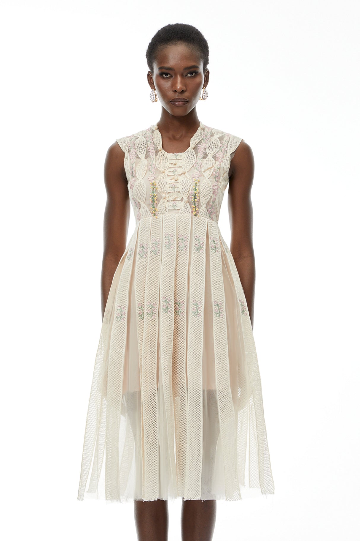 Aurohaya Georgette White Floral Embroidered Pleated Midi Dress