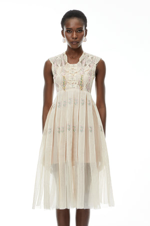 Aurohaya Georgette White Floral Embroidered Pleated Midi Dress