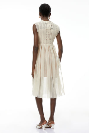 Aurohaya Georgette White Floral Embroidered Pleated Midi Dress
