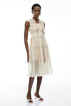 Aurohaya Georgette White Floral Embroidered Pleated Midi Dress