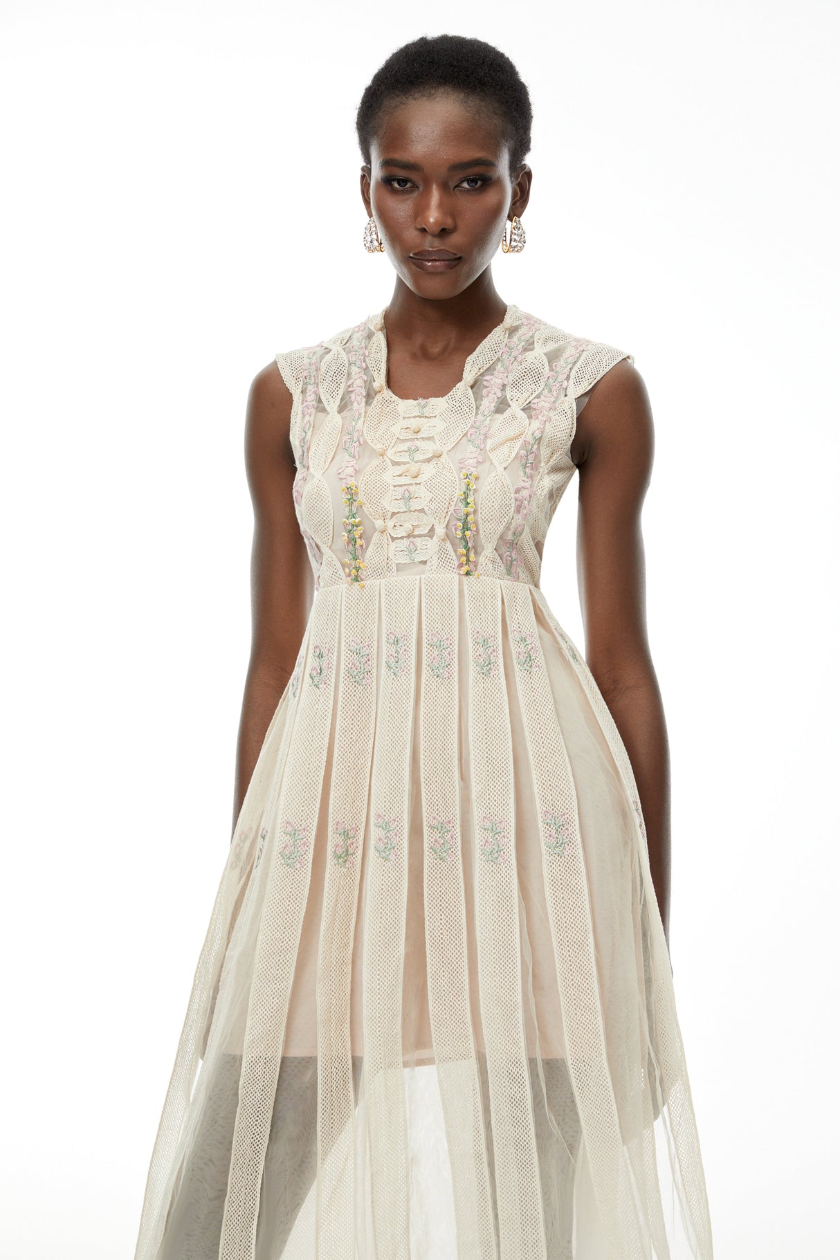 Aurohaya Georgette White Floral Embroidered Pleated Midi Dress