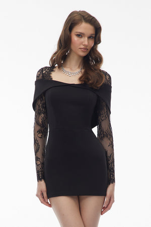 Aurohaya Georgiana Black Lace Panel Mini Gown