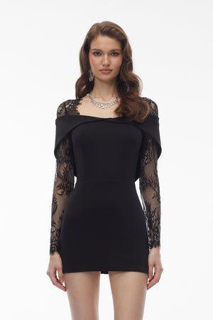 Aurohaya Georgiana Black Lace Panel Mini Gown