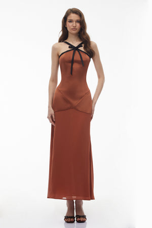 Aurohaya Ginevra Brown Halterneck Maxi Dress with Bow
