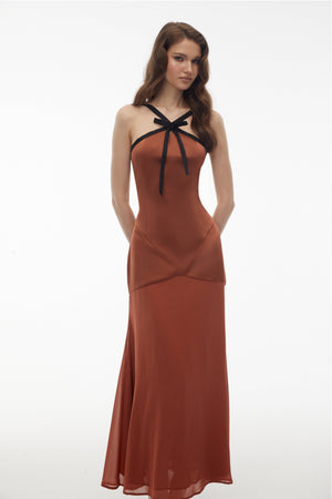 Aurohaya Ginevra Brown Halterneck Maxi Dress with Bow