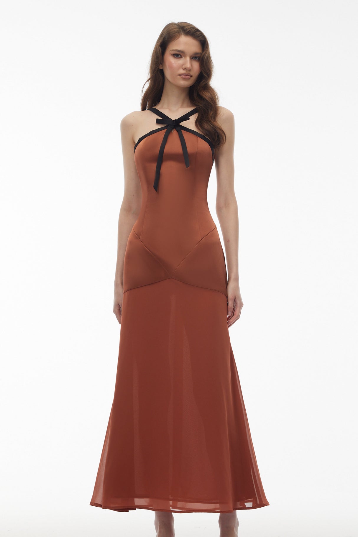 Aurohaya Ginevra Brown Halterneck Maxi Dress with Bow