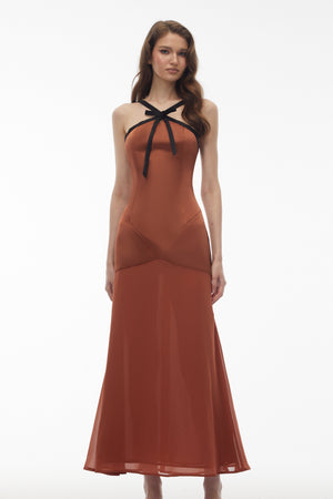 Aurohaya Ginevra Brown Halterneck Maxi Dress with Bow