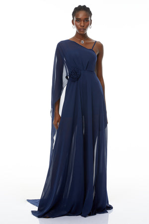 Aurohaya Ginevra Navy One Shoulder Cape Maxi Gown