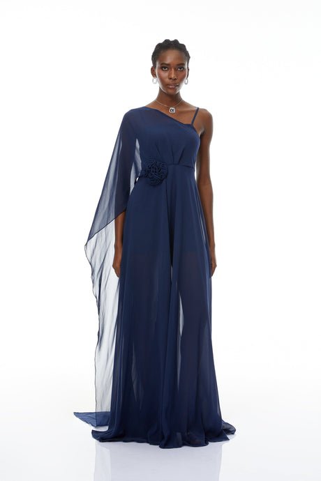 Aurohaya Ginevra Navy One Shoulder Cape Maxi Gown