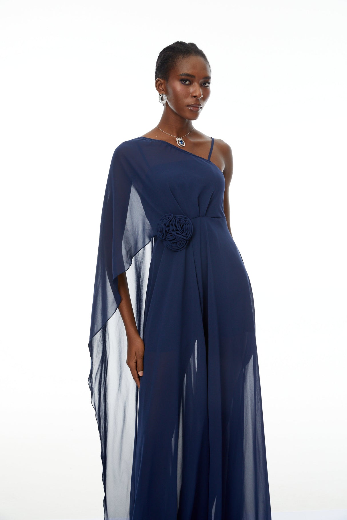 Aurohaya Ginevra Navy One Shoulder Cape Maxi Gown
