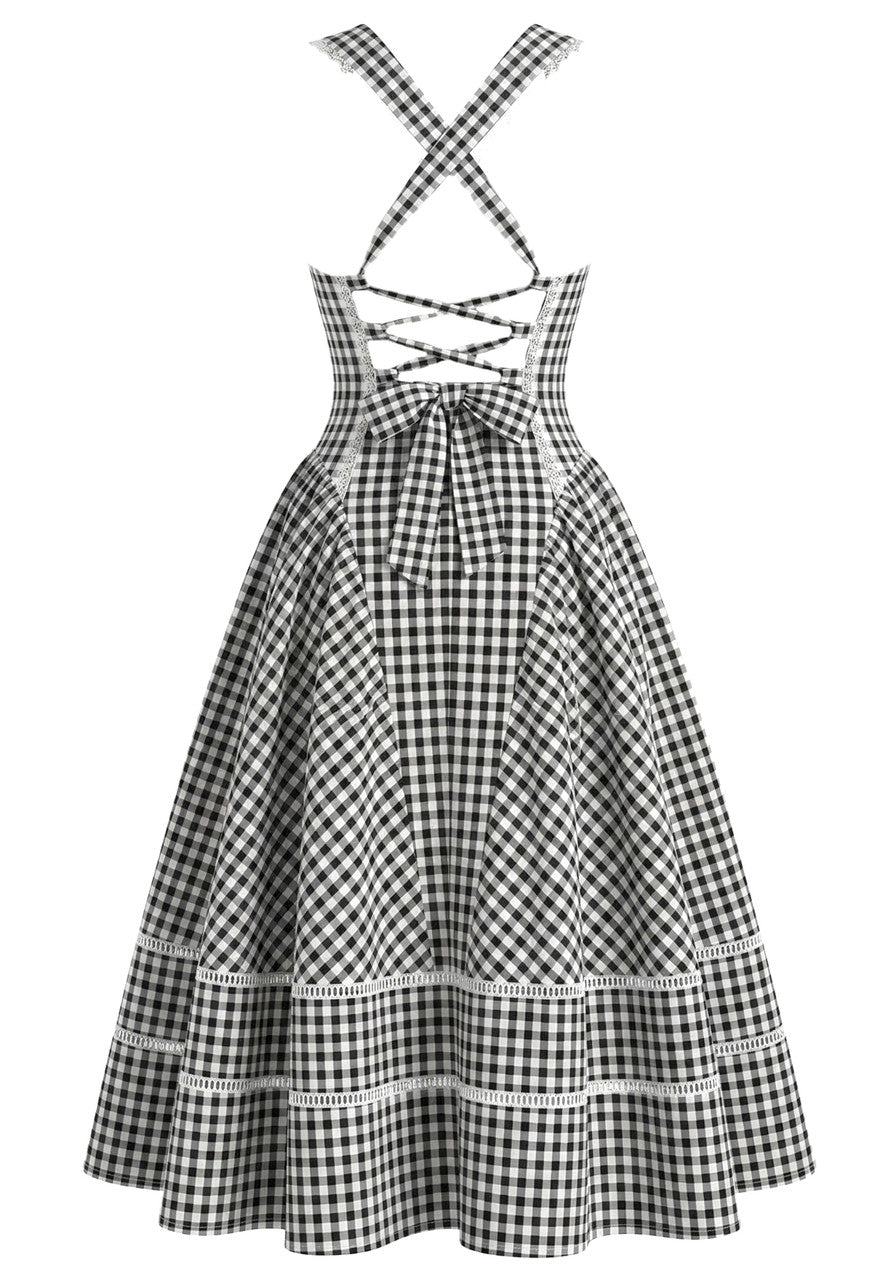 Gingham Corset A Line Midi Dress Black