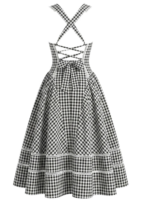 Gingham Corset A Line Midi Dress Black