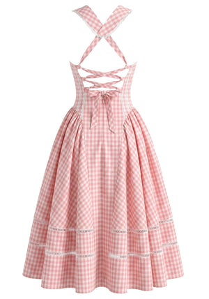 Gingham Corset A Line Midi Dress Pink