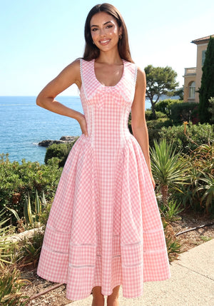 Gingham Corset A Line Midi Dress Pink