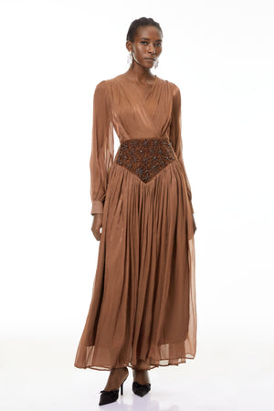 Aurohaya Gisela Brown Embroidered Ruched Maxi Dress