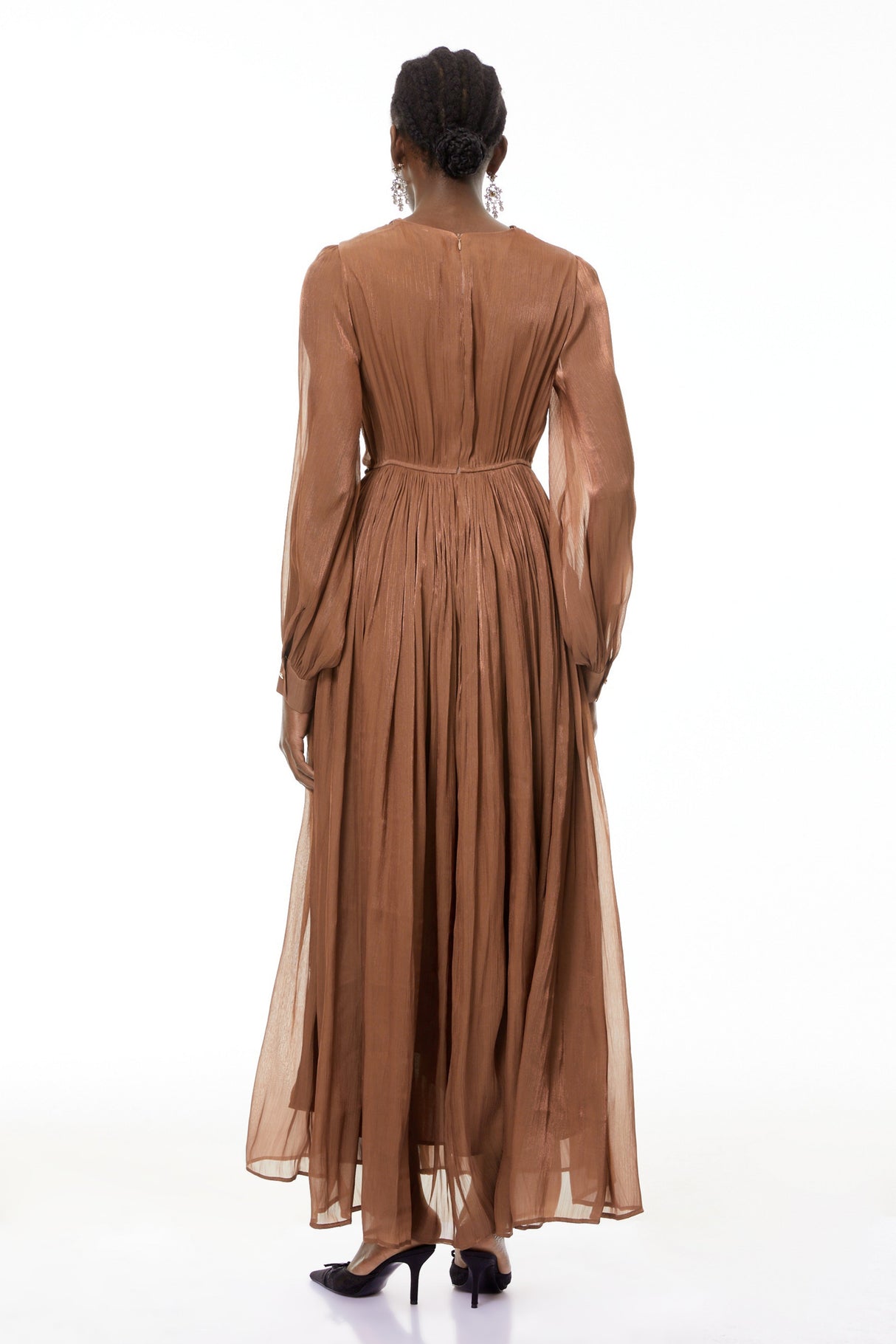 Aurohaya Gisela Brown Embroidered Ruched Maxi Dress