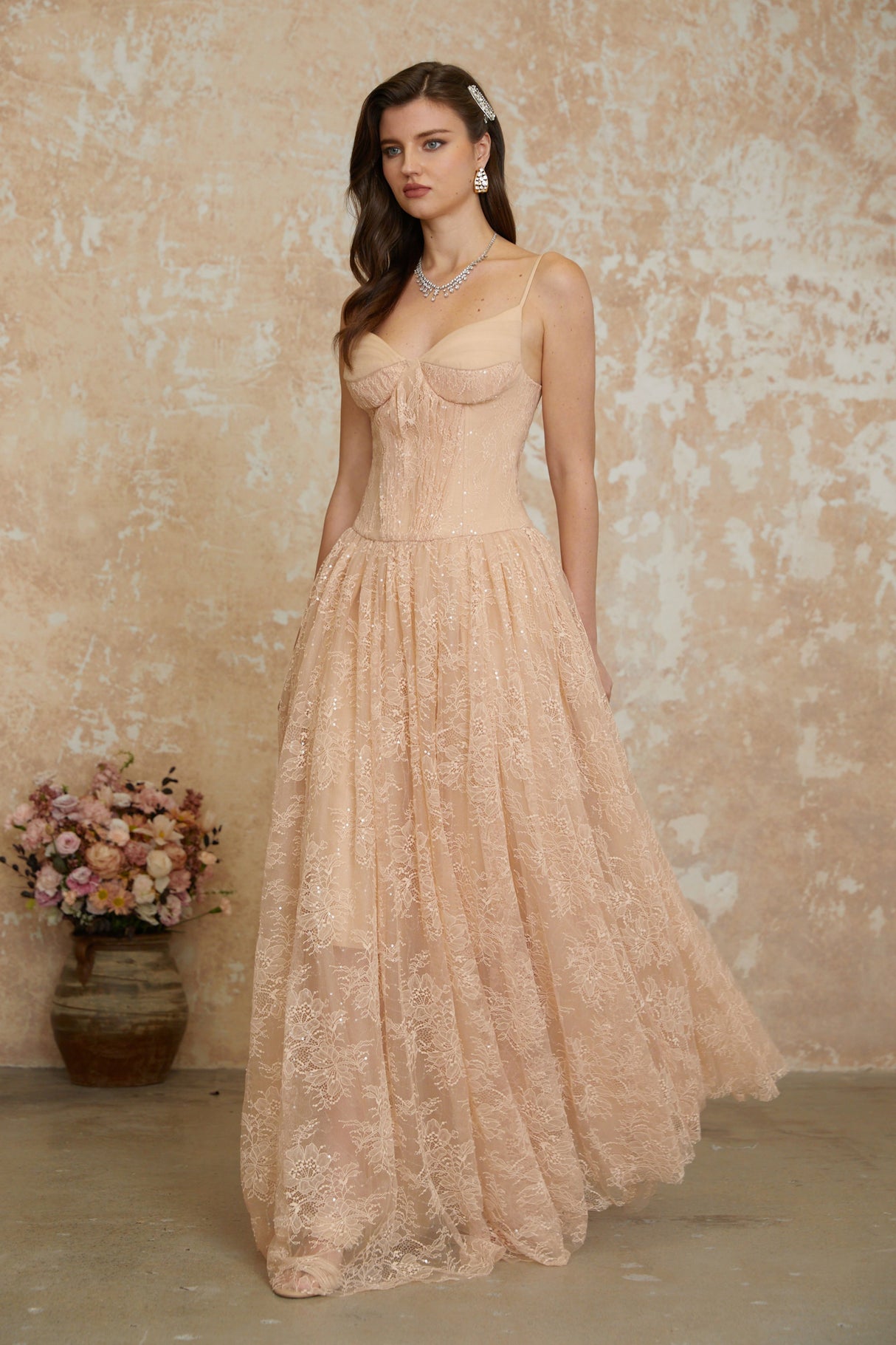 Aurohaya Giuseppina Neutral Pleated Lace Maxi Dress