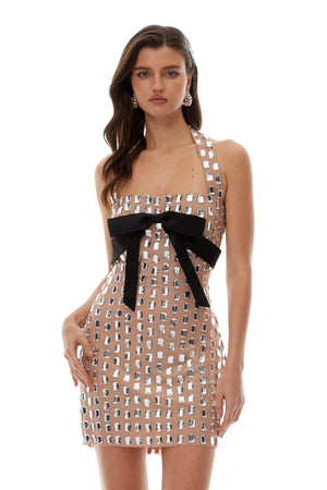 Aurohaya Giustina Silver Halterneck Bowknot Crystal Mini Dress
