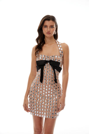 Aurohaya Giustina Silver Halterneck Bowknot Crystal Mini Dress