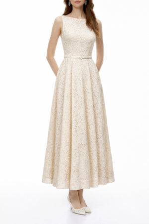 Aurohaya Golnar White Sleeveless Floral Lace Maxi Dress