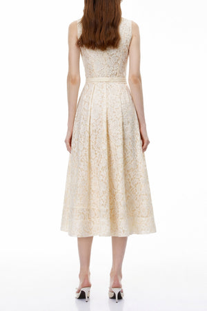 Aurohaya Golnar White Sleeveless Floral Lace Maxi Dress