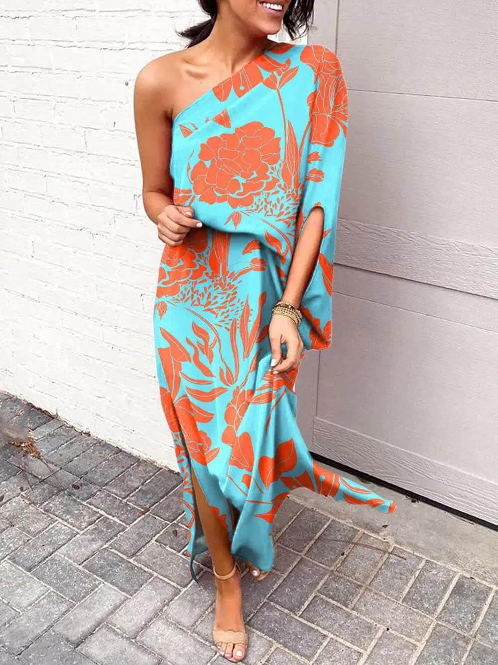 Aurohaya Exquisite Rose Print One Shoulder Slit Maxi Dress Green