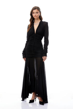 Aurohaya Greta Black Ruched Sheer Mesh Maxi Dress