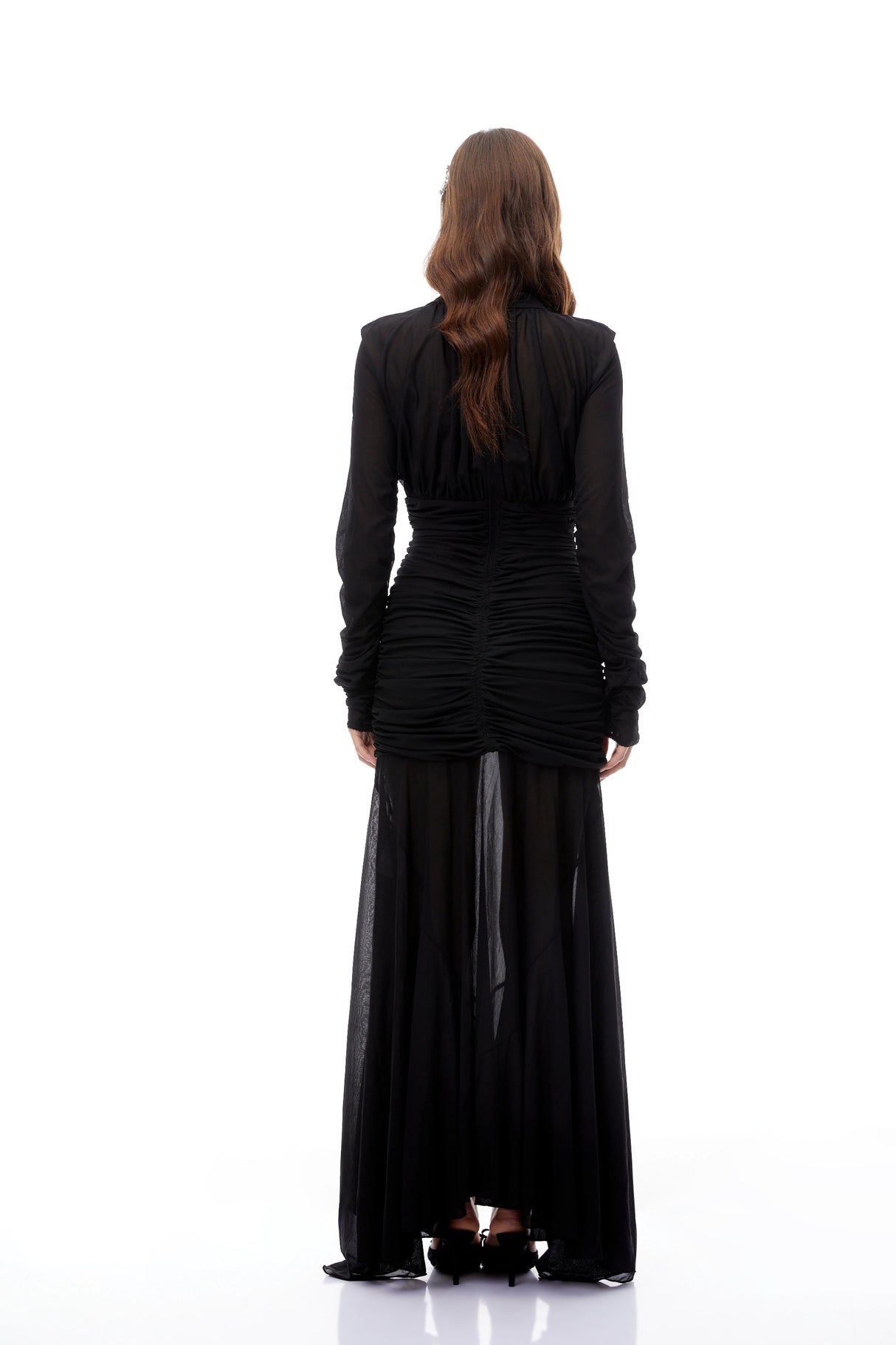 Aurohaya Greta Black Ruched Sheer Mesh Maxi Dress