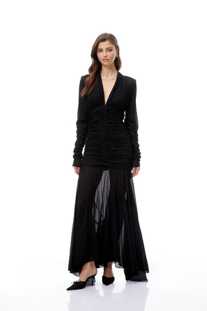 Aurohaya Greta Black Ruched Sheer Mesh Maxi Dress