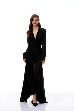 Aurohaya Greta Black Ruched Sheer Mesh Maxi Dress