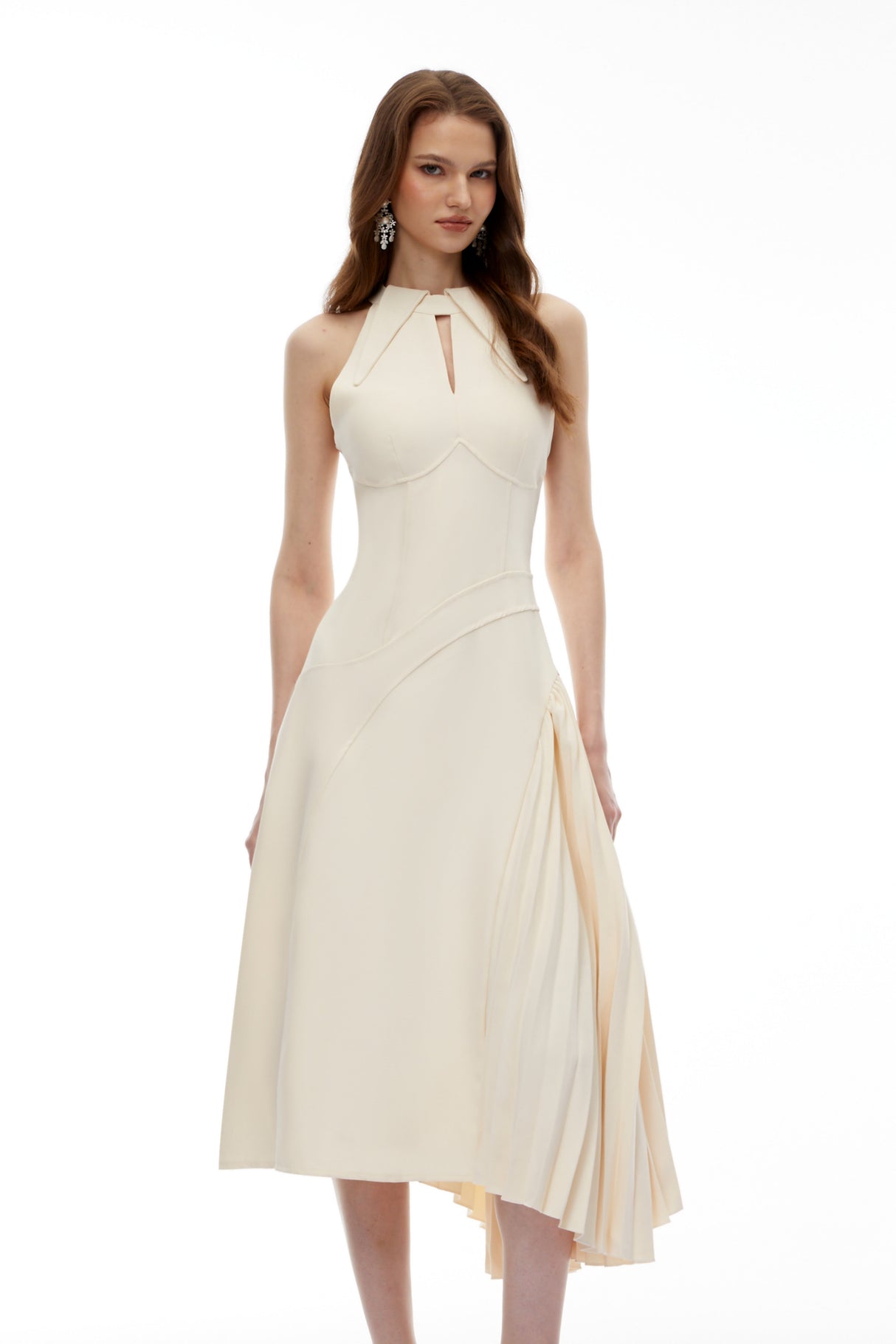 Aurohaya Griselda Neutral Halterneck Ruched Midi Dress
