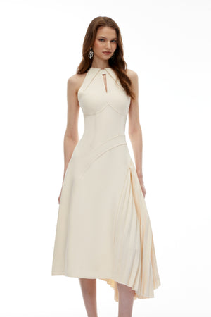 Aurohaya Griselda Neutral Halterneck Ruched Midi Dress