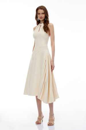 Aurohaya Griselda Neutral Halterneck Ruched Midi Dress