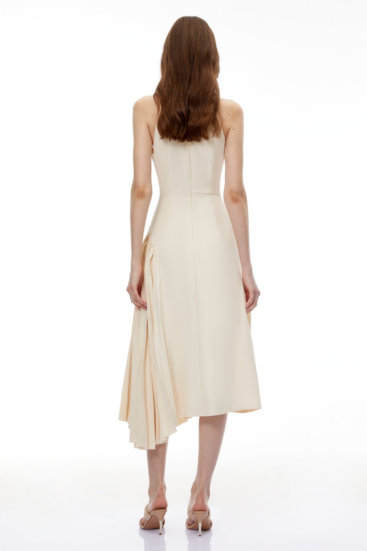 Aurohaya Griselda Neutral Halterneck Ruched Midi Dress