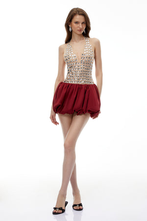 Aurohaya Griselda Red Halterneck Embellished Bubble Mini Dress