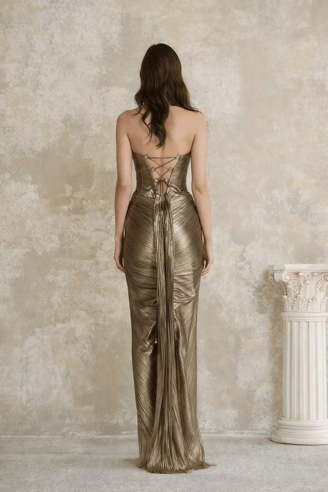 Aurohaya Guillermo Gold Off-Shoulder Maxi Dress