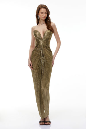 Aurohaya Guillermo Gold Off-Shoulder Maxi Dress