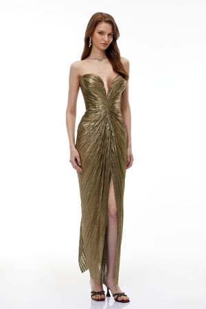 Aurohaya Guillermo Gold Off-Shoulder Maxi Dress