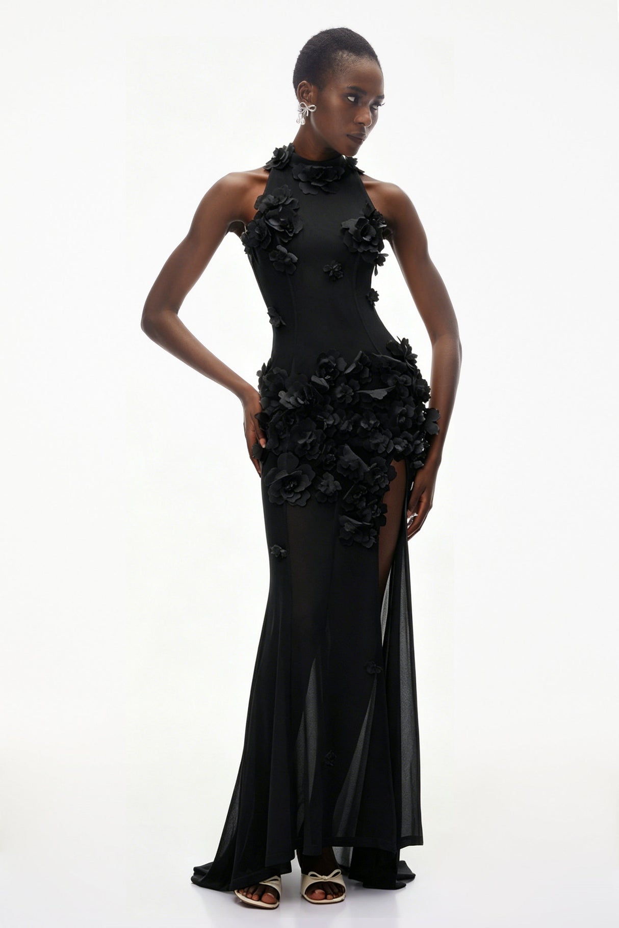 Aurohaya Guinevere Black Halterneck Maxi Dress with 3D Florals