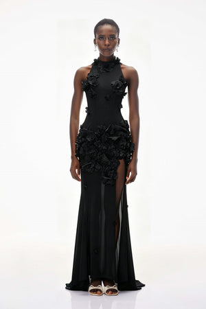 Aurohaya Guinevere Black Halterneck Maxi Dress with 3D Florals