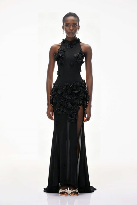 Aurohaya Guinevere Black Halterneck Maxi Dress with 3D Florals