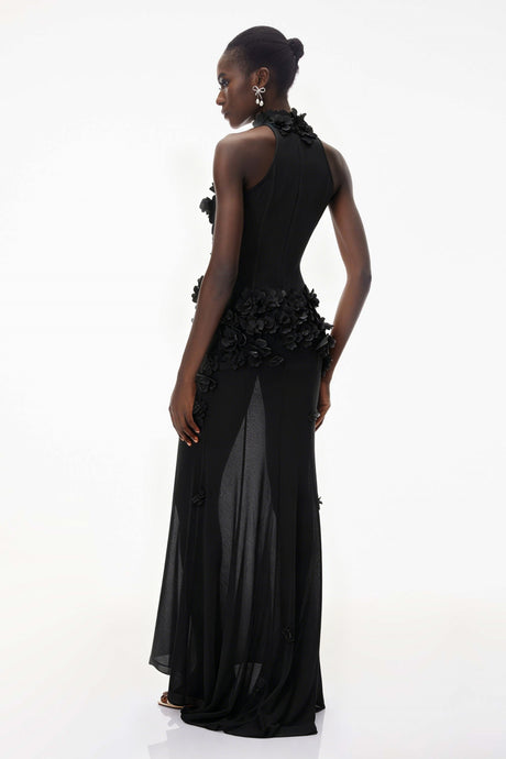Aurohaya Guinevere Black Halterneck Maxi Dress with 3D Florals