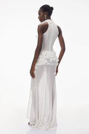 Aurohaya Guinevere White Halterneck Maxi Dress with 3D Florals