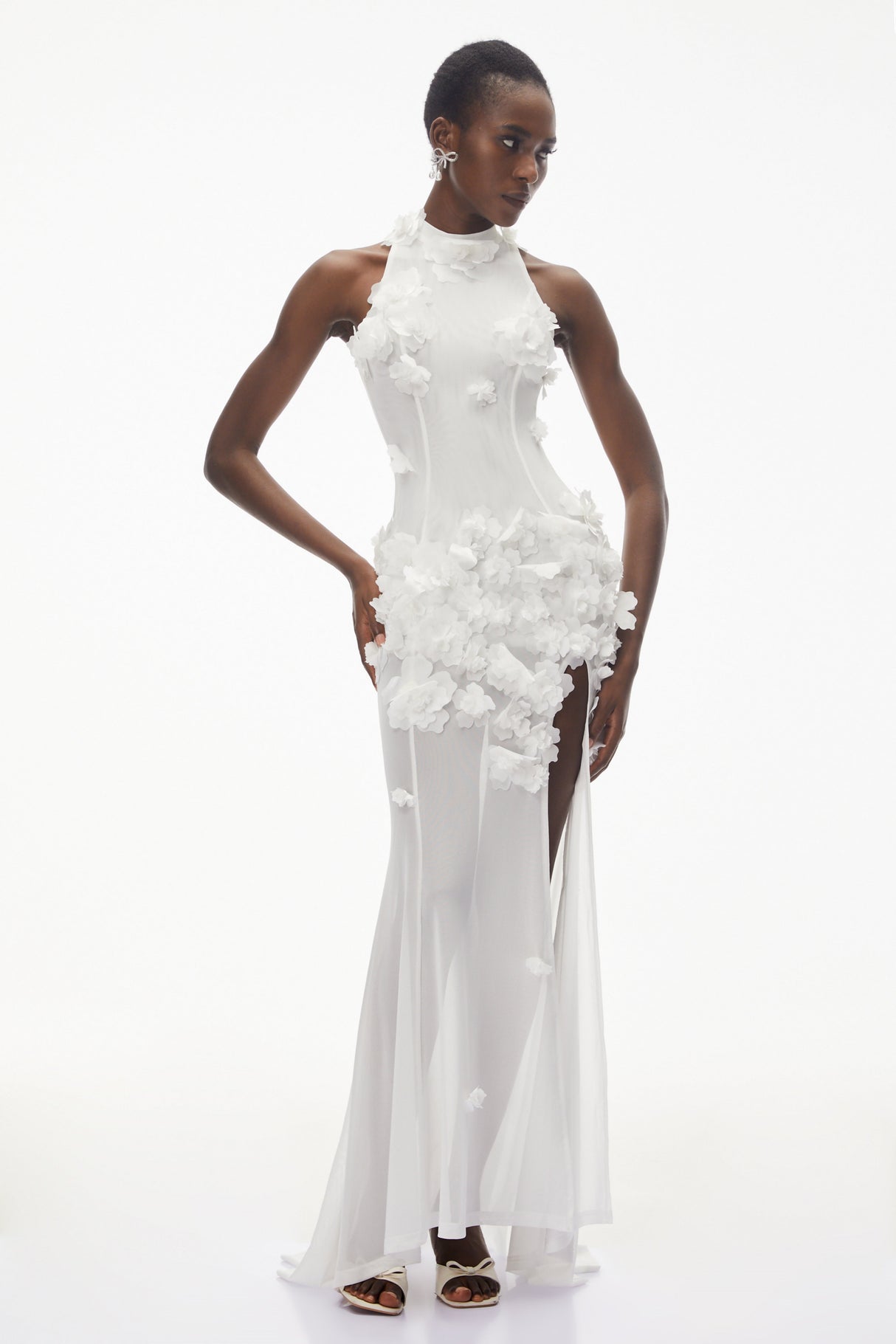 Aurohaya Guinevere White Halterneck Maxi Dress with 3D Florals