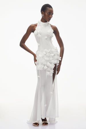 Aurohaya Guinevere White Halterneck Maxi Dress with 3D Florals