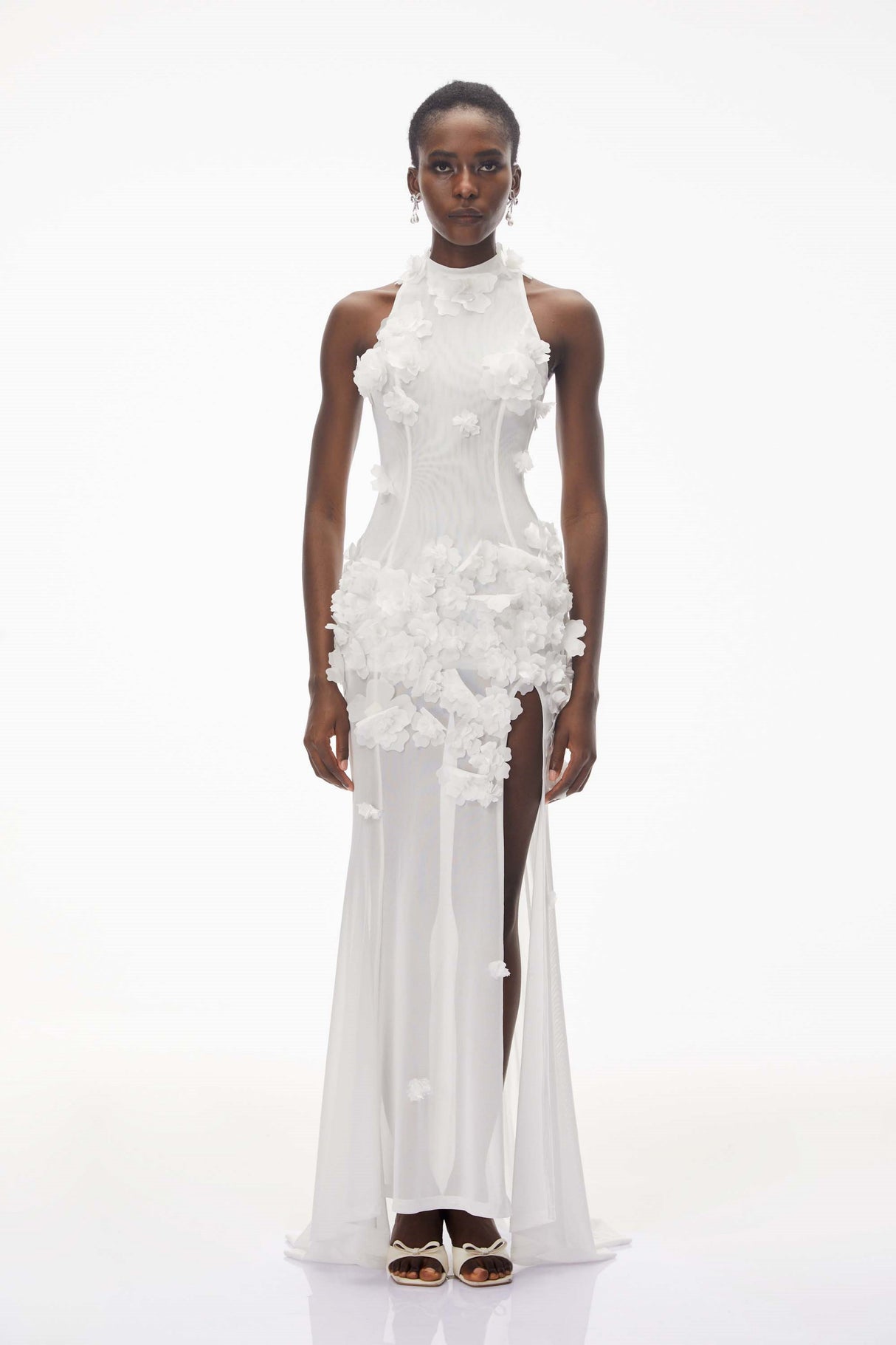 Aurohaya Guinevere White Halterneck Maxi Dress with 3D Florals