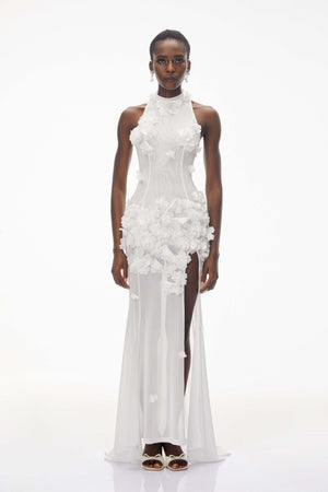 Aurohaya Guinevere White Halterneck Maxi Dress with 3D Florals